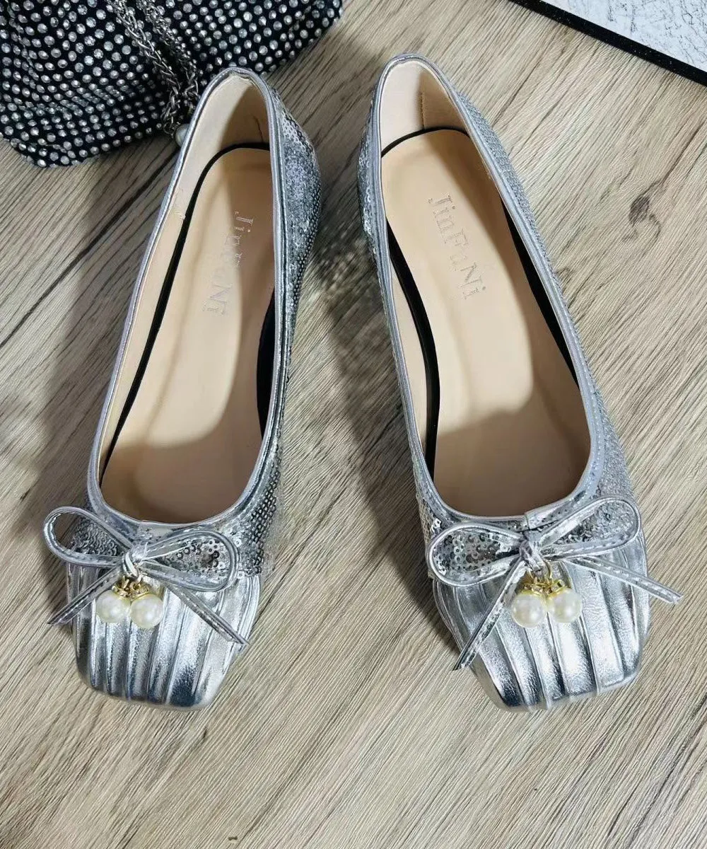 2024 Pearl Bow Wrinkled Square Head Flats Shoes CZ1039