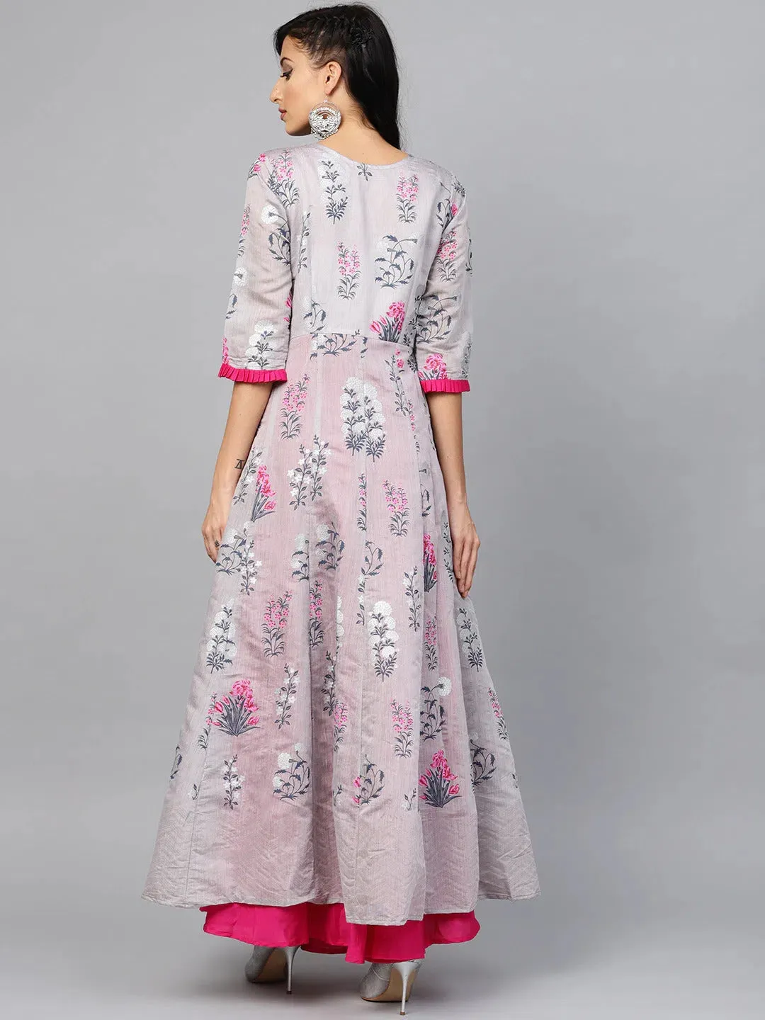 Ahalyaa Grey & Pink Floral Printed Layered Front Slit Maxi Dress