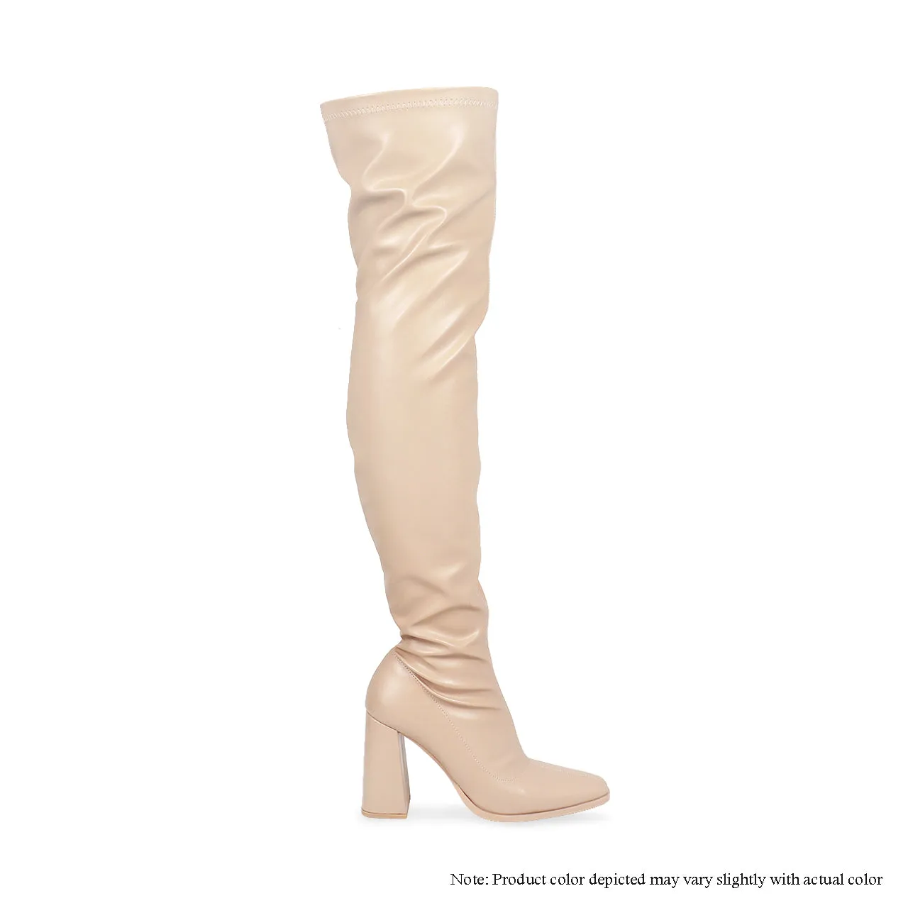 ALEX-3 SUBTLE SQUARE TOE MID CHUNKY HEEL THIGH HIGH BOOTS -NUDE PU