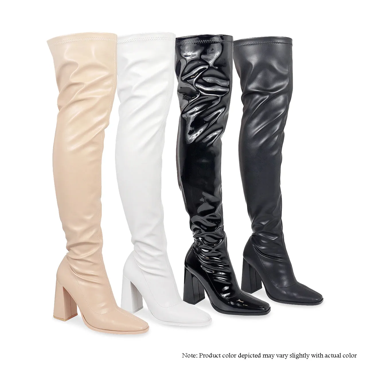 ALEX-3 SUBTLE SQUARE TOE MID CHUNKY HEEL THIGH HIGH BOOTS -NUDE PU