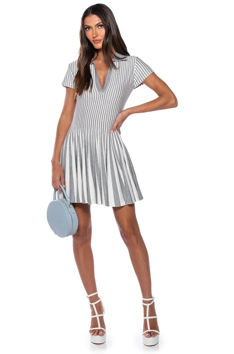 ALINA PLEATED KNIT FIT AND FLARE MINI DRESS