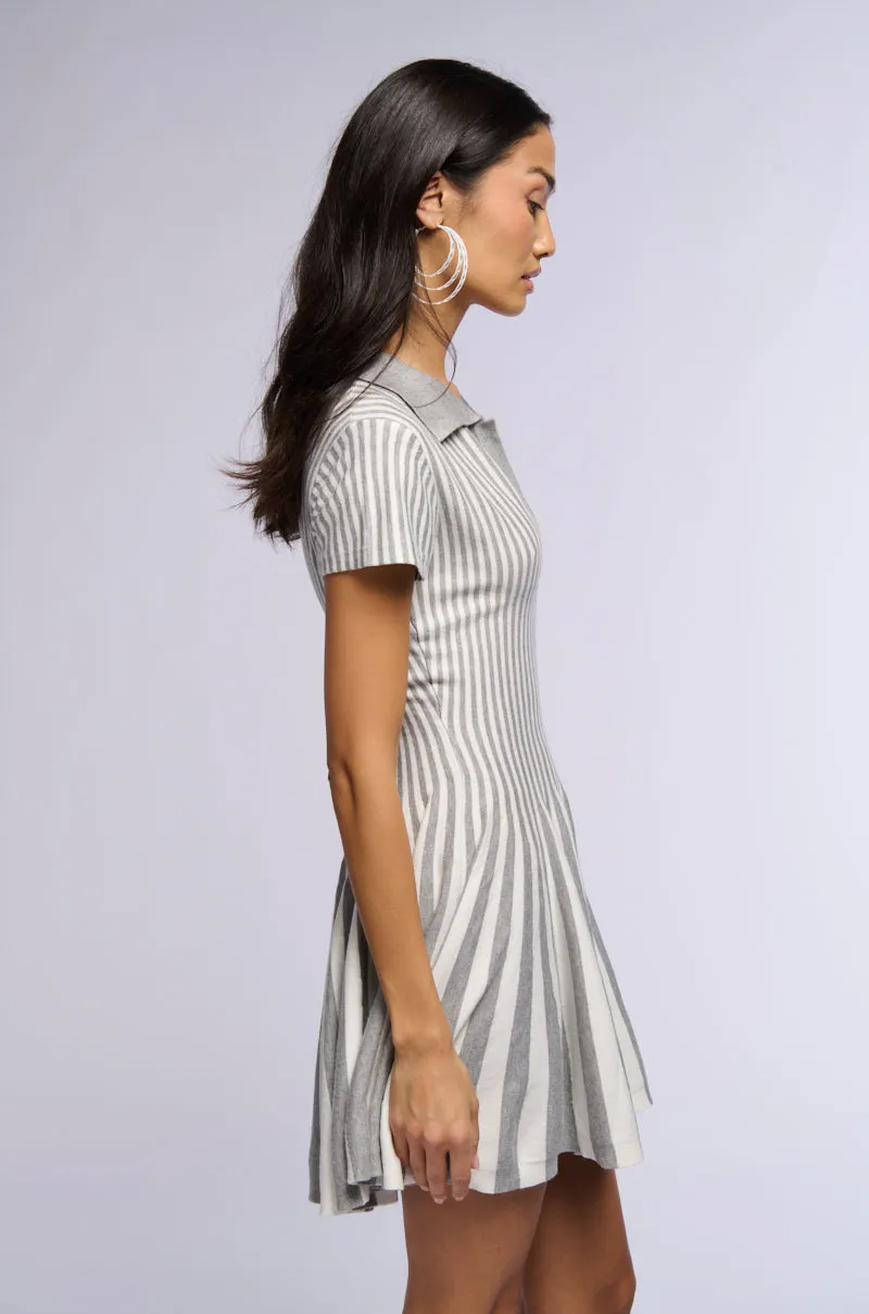 ALINA PLEATED KNIT FIT AND FLARE MINI DRESS