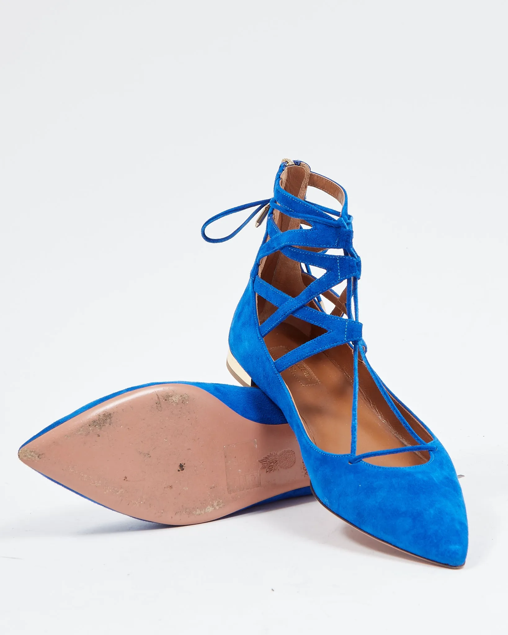 Aquazzura Royal Blue Suede Belgravia Lace Up Flats - 39