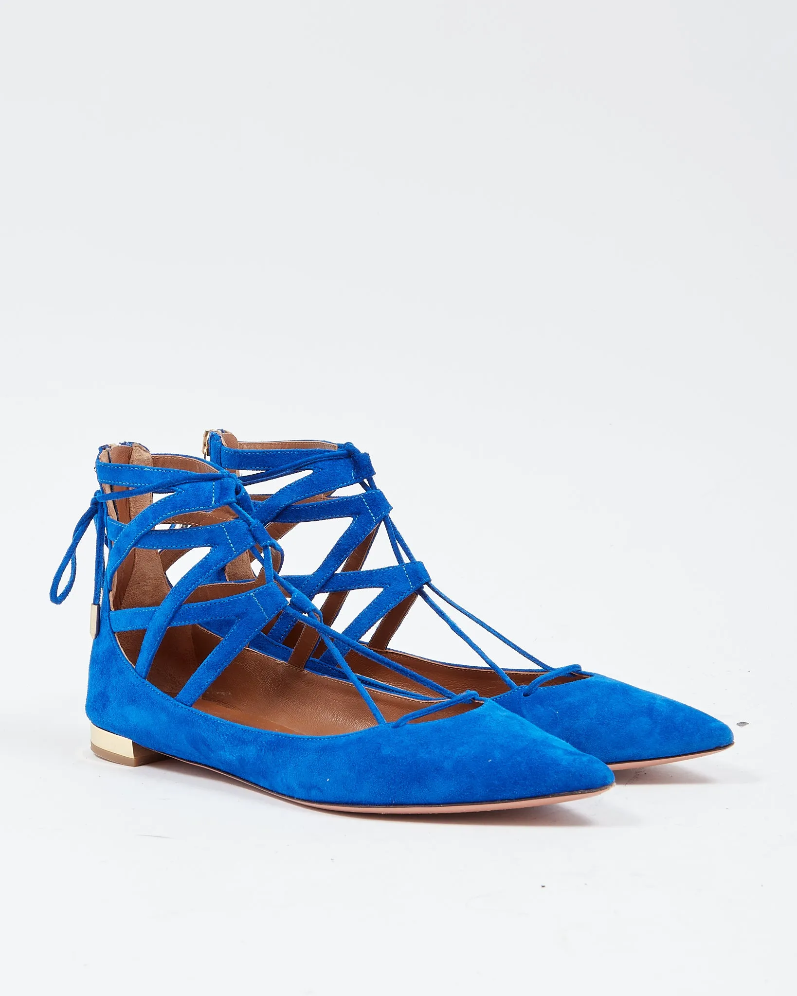 Aquazzura Royal Blue Suede Belgravia Lace Up Flats - 39