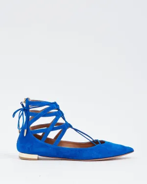 Aquazzura Royal Blue Suede Belgravia Lace Up Flats - 39