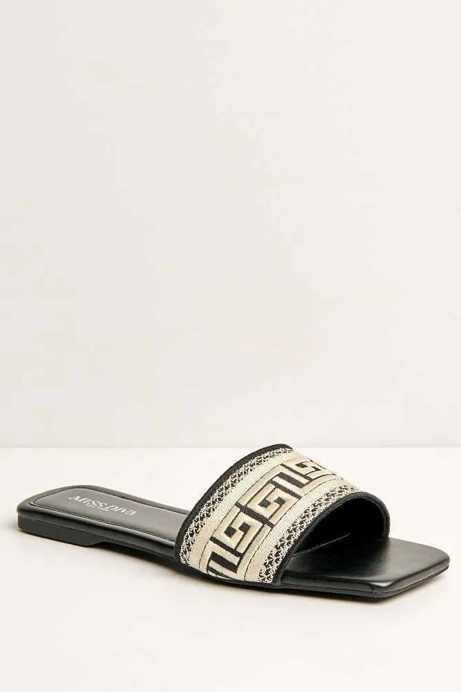 Azzam Square Toe Aztec Print Sliders in Black