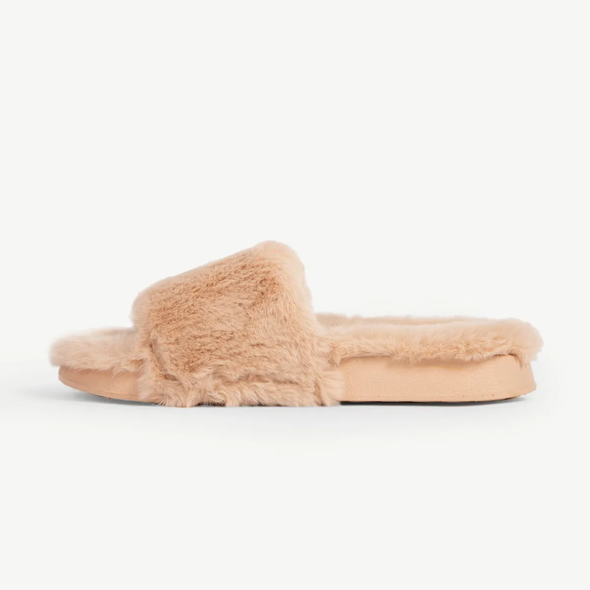 BEBO Fluffy Fur Slider Slipper in Nude