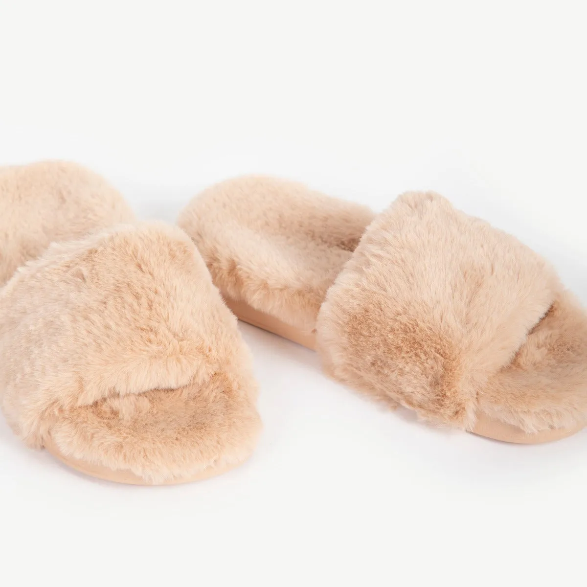 BEBO Fluffy Fur Slider Slipper in Nude