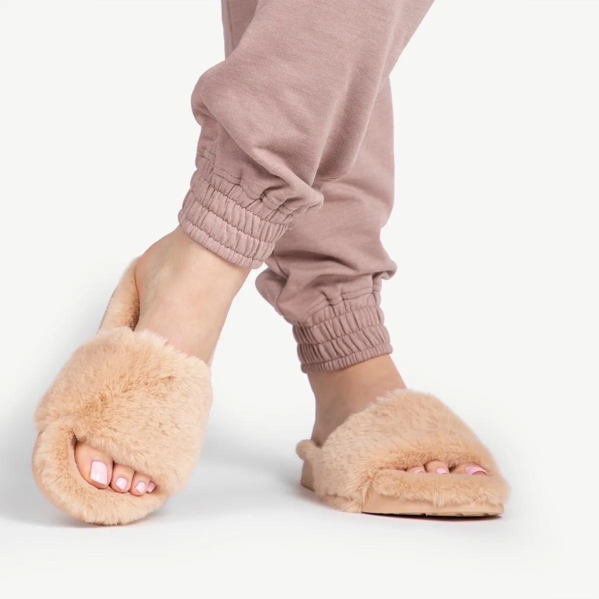 BEBO Fluffy Fur Slider Slipper in Nude