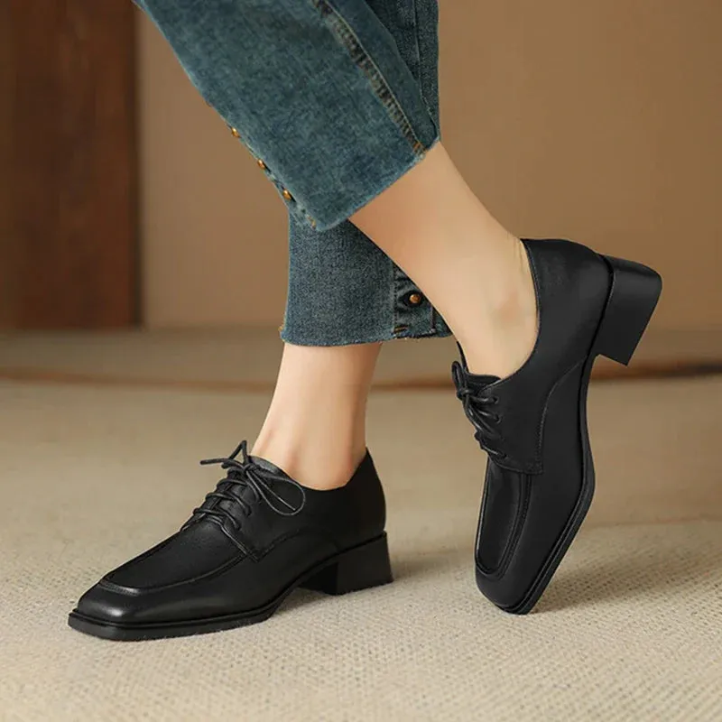 binfenxie NEW Spring/Autumn Women Shoes Square Toe Women Loafers Chunky Heel Shoes Split Leather Shoes for Women Retro Lace up Women Pumps