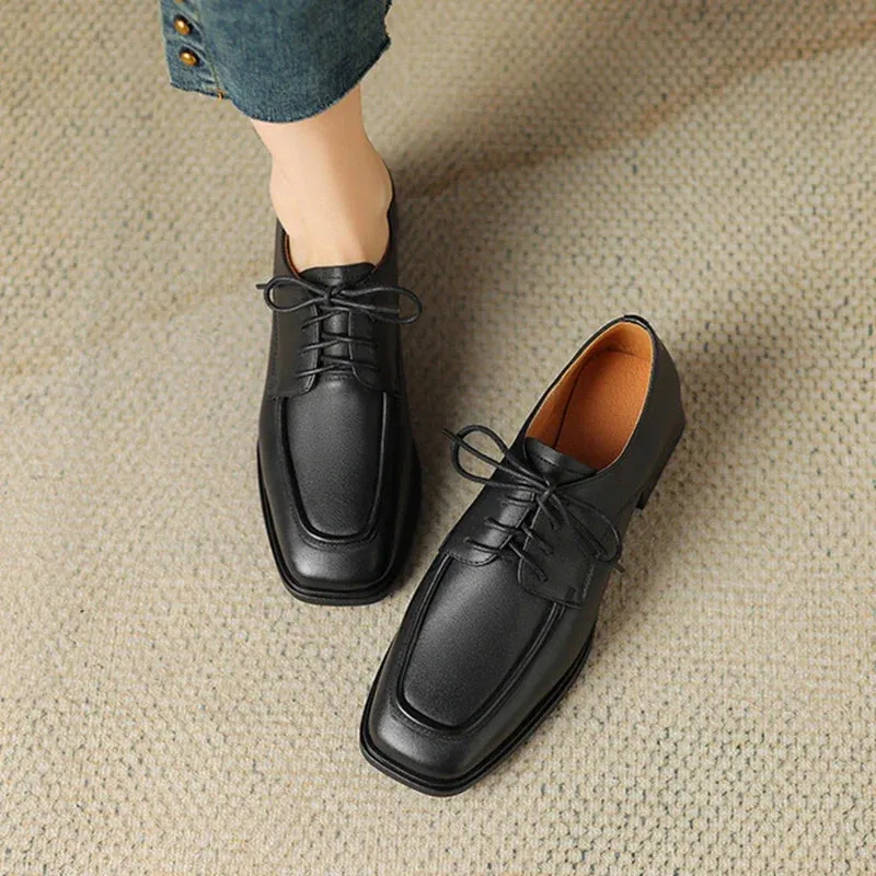 binfenxie NEW Spring/Autumn Women Shoes Square Toe Women Loafers Chunky Heel Shoes Split Leather Shoes for Women Retro Lace up Women Pumps