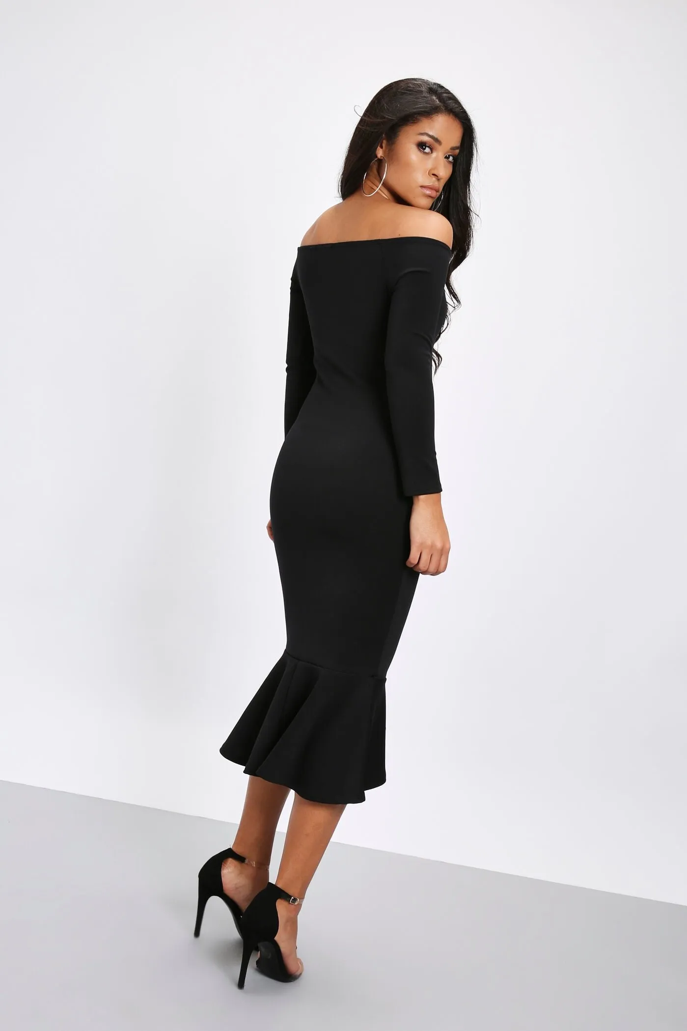 Black Bardot Fluted Midi Dress