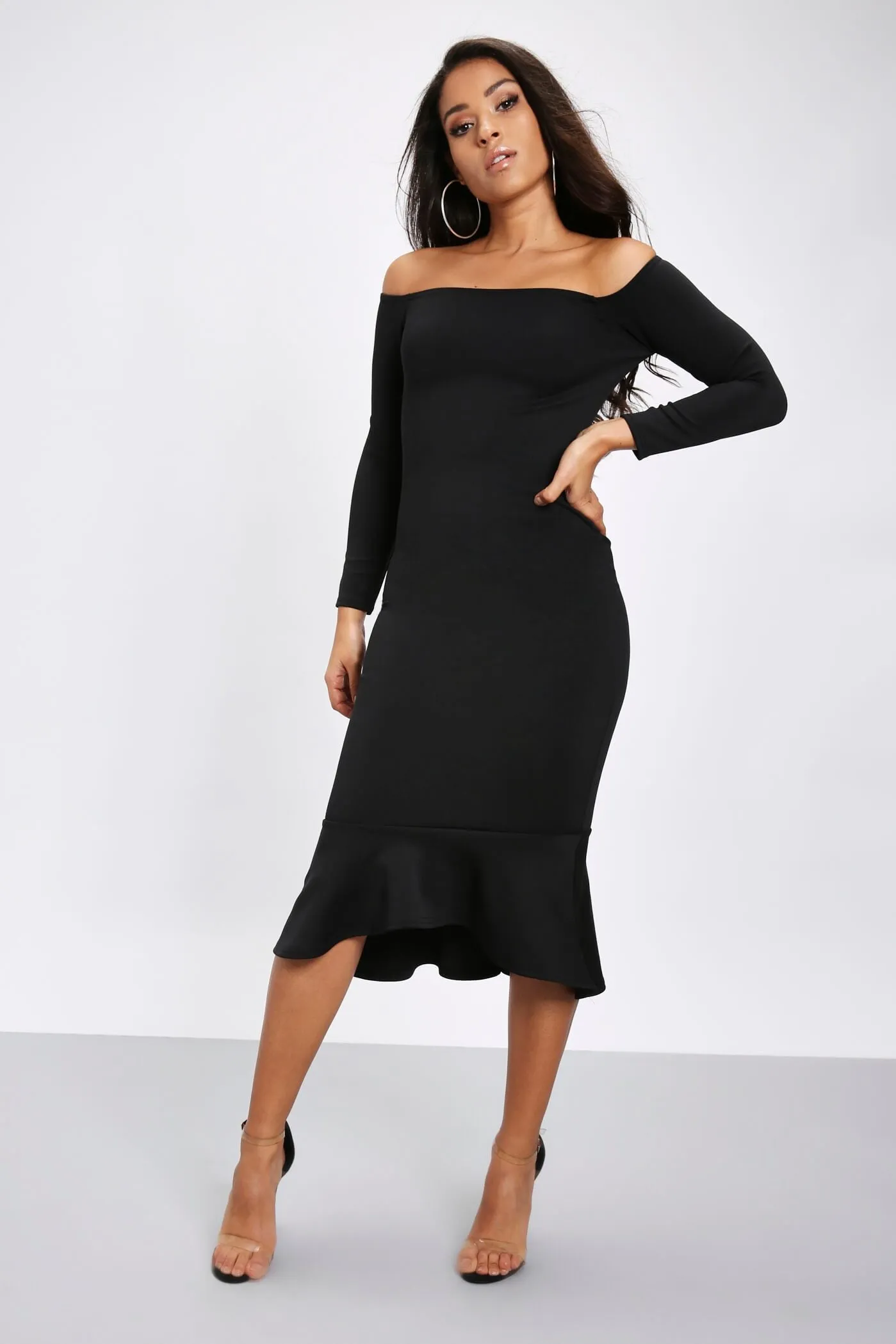 Black Bardot Fluted Midi Dress