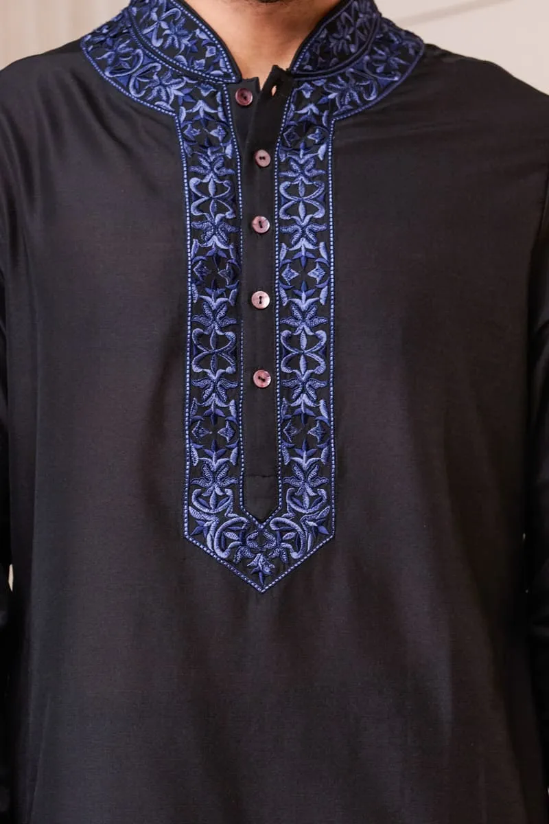 Black Kurta Set with Embroidered Collar and Placket