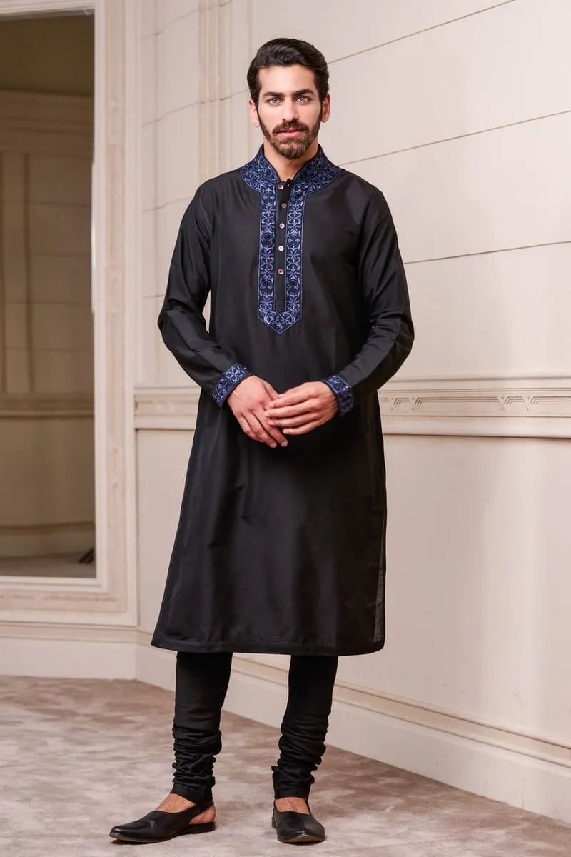 Black Kurta Set with Embroidered Collar and Placket