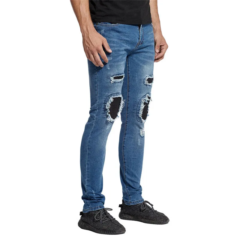 Breathable Slim Fit Men's Patch Ripped Jeans Denim Straight Pants