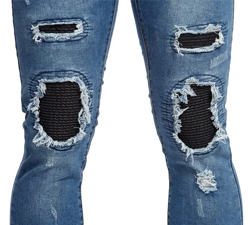 Breathable Slim Fit Men's Patch Ripped Jeans Denim Straight Pants