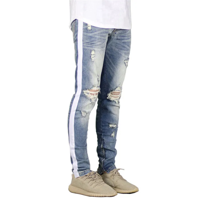 Breathable Straight Pants Mid Waisted Jeans Men's Ripped Jeans