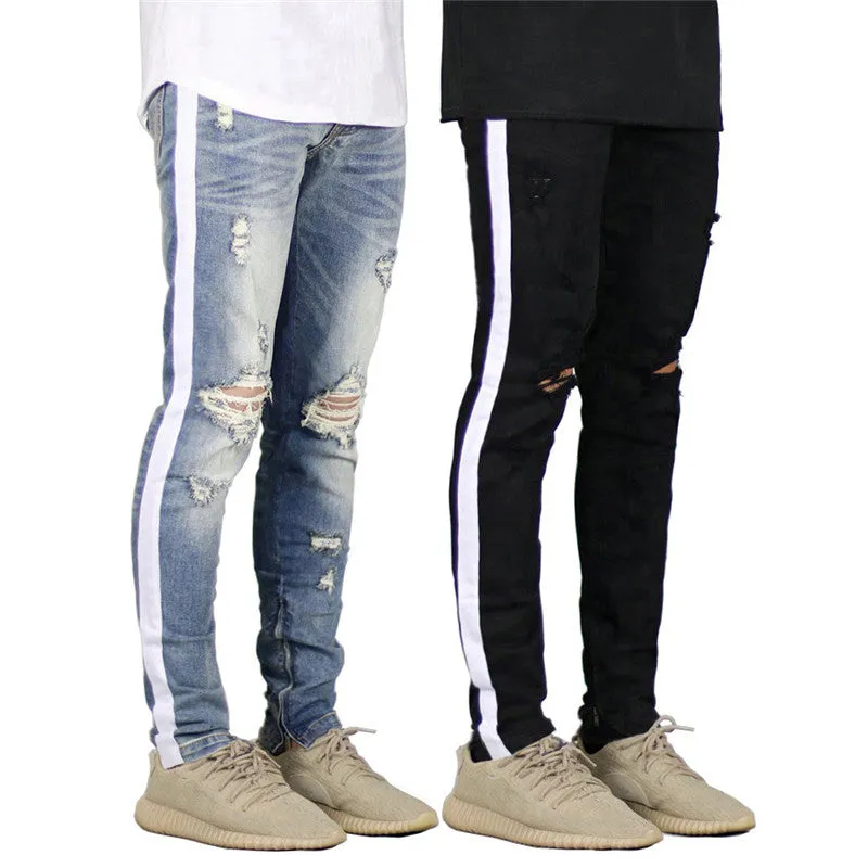 Breathable Straight Pants Mid Waisted Jeans Men's Ripped Jeans