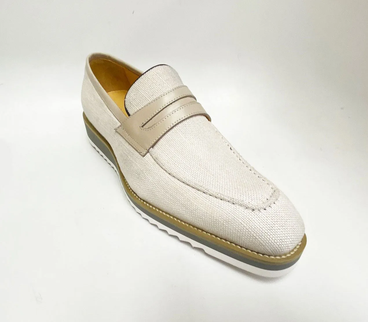 Canvas & Calfskin Slip-On Penny Loafer Cream