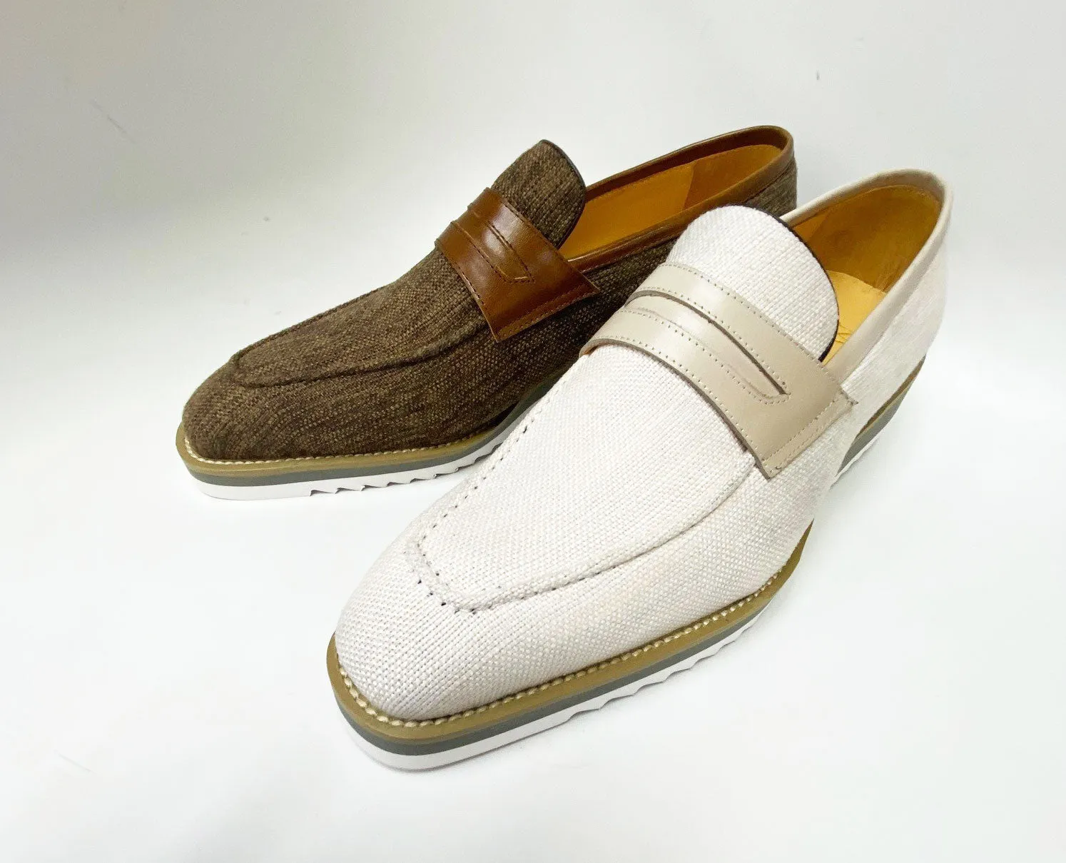 Canvas & Calfskin Slip-On Penny Loafer Cream