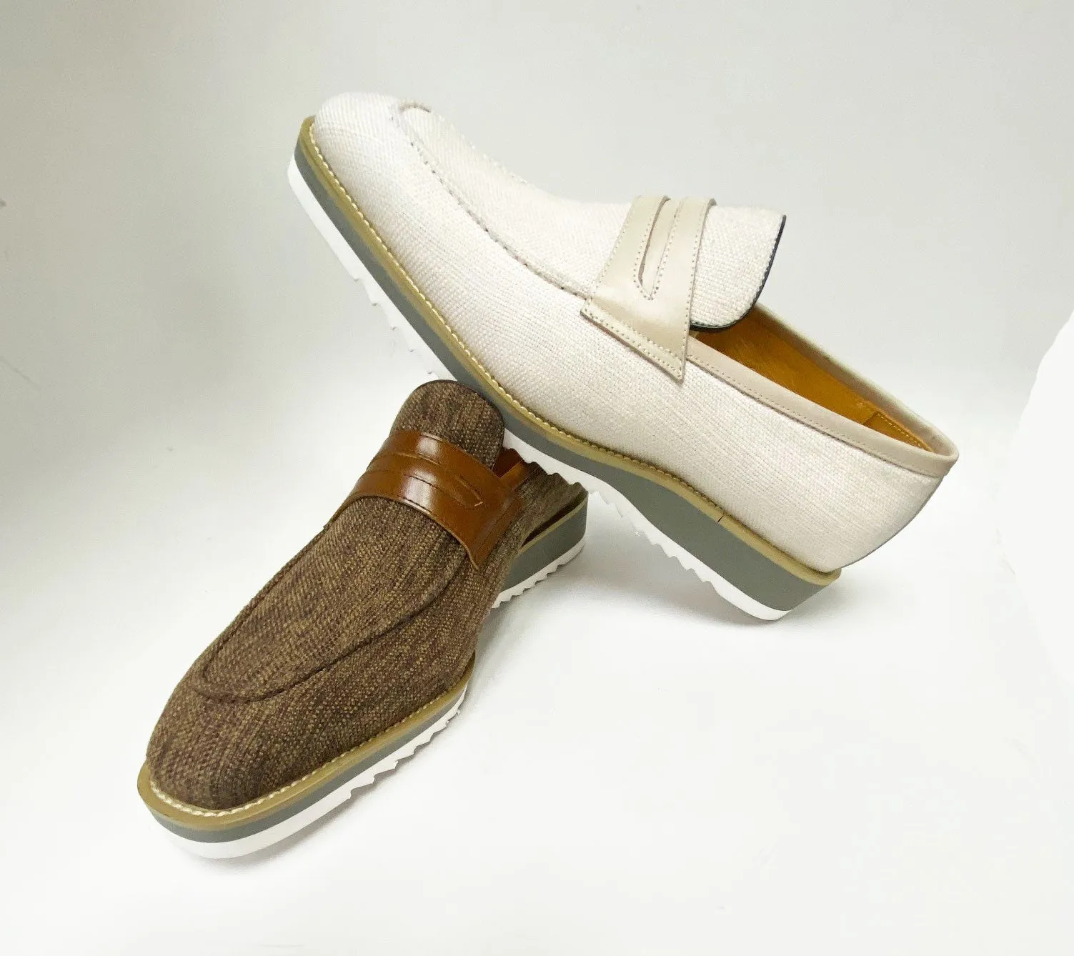 Canvas & Calfskin Slip-On Penny Loafer Cream