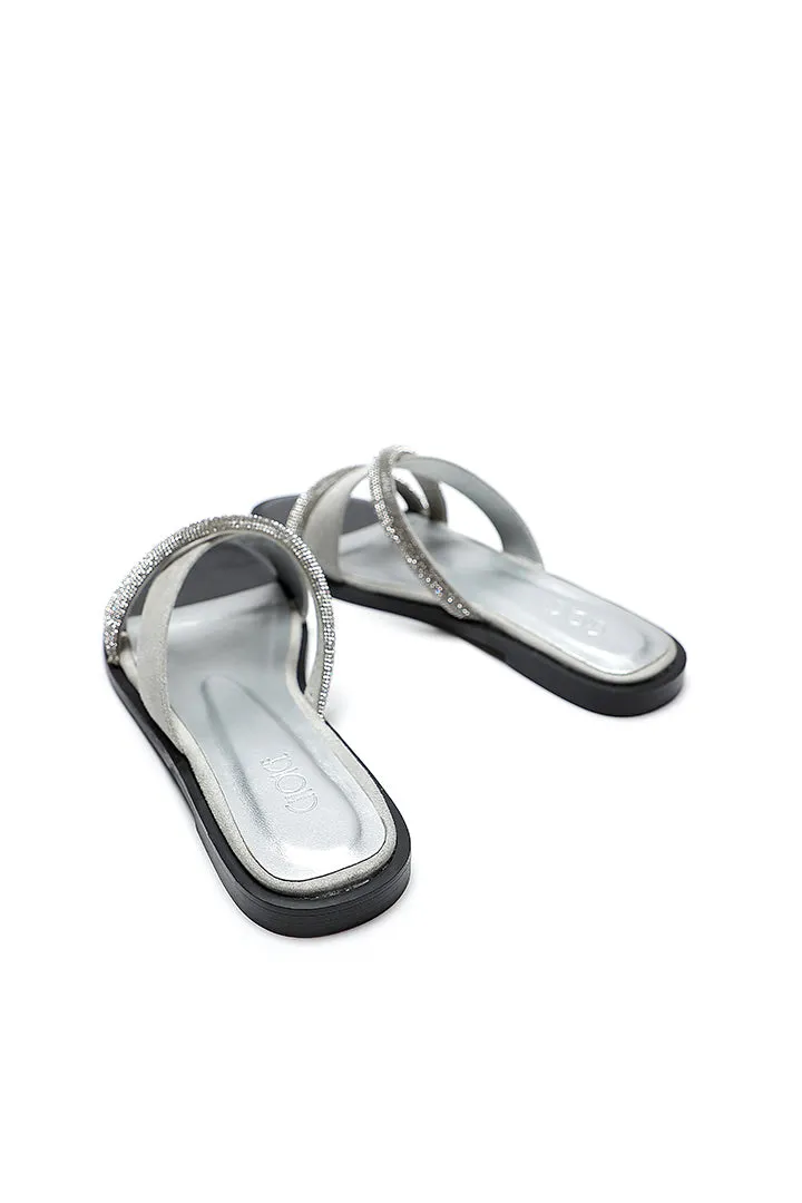 Choice Studded Rhinestones Slanted Strap Slides Sandals Silver