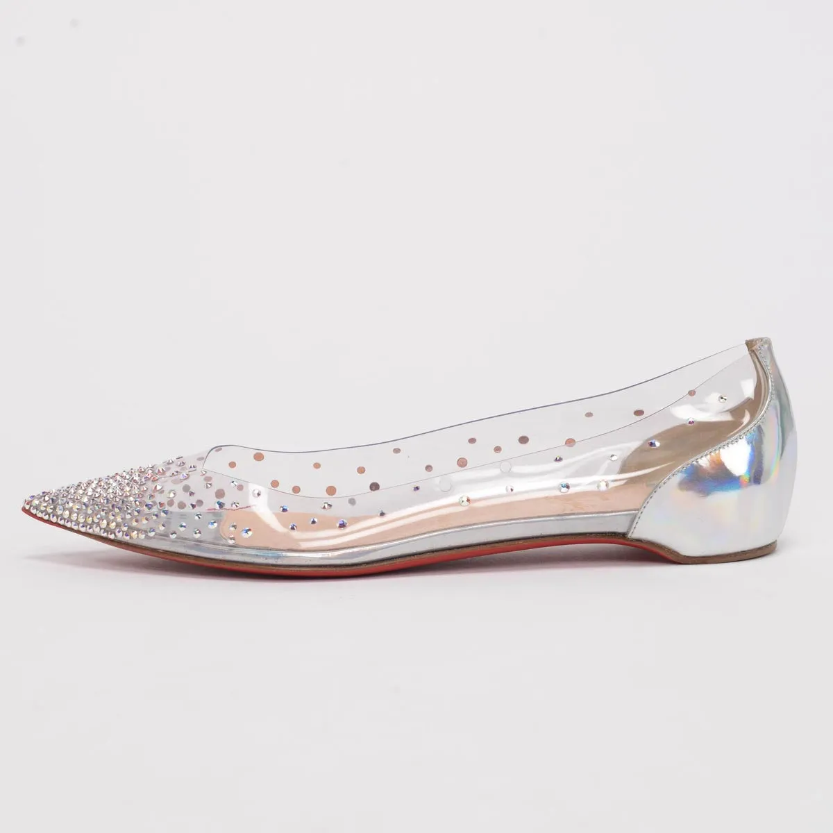 Christian Louboutin Silver Glitter Calfskin & PVC Degrastrass Flats 38.5