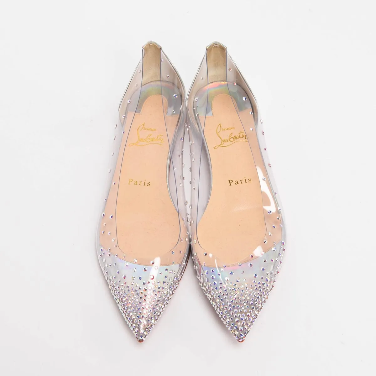 Christian Louboutin Silver Glitter Calfskin & PVC Degrastrass Flats 38.5