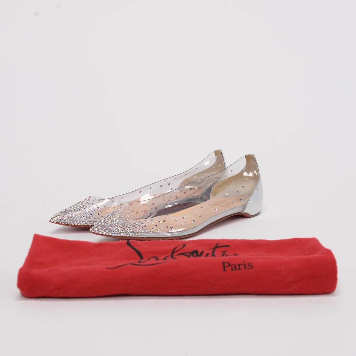 Christian Louboutin Silver Glitter Calfskin & PVC Degrastrass Flats 38.5