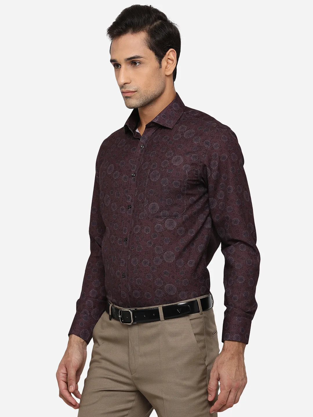 Coffee Brown Printed Slim Fit Party Wear Shirt | Greenfibre