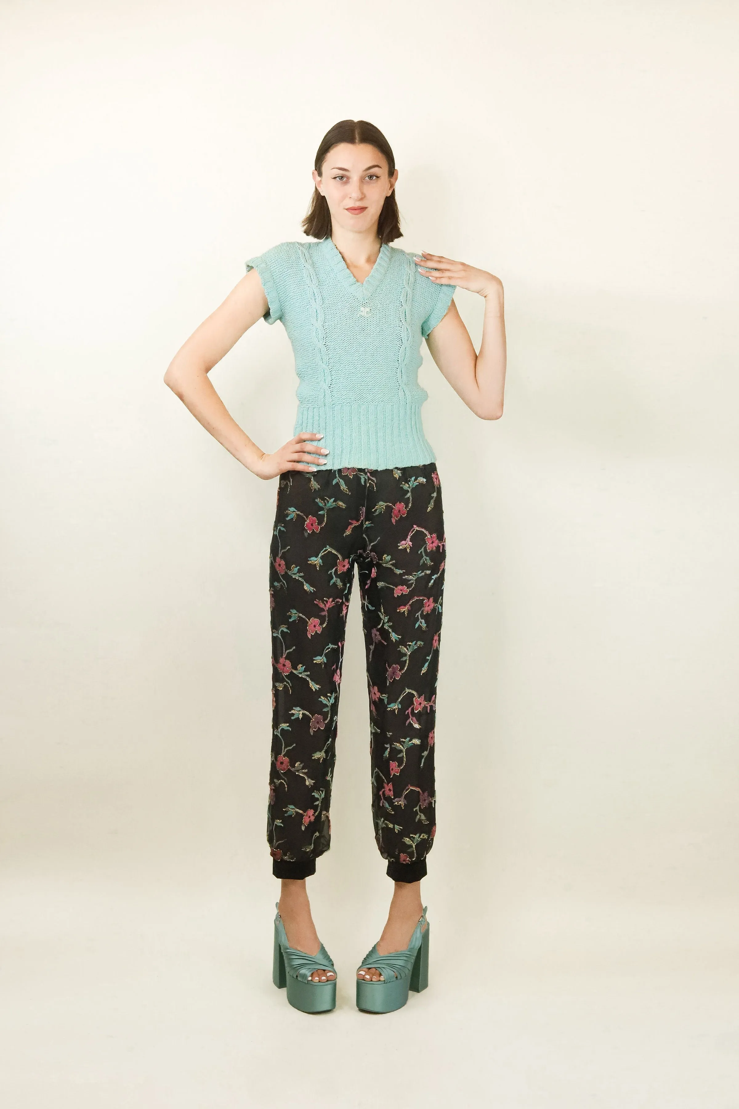 Courreges c. 1970's Sheer & Floral Applique Pants