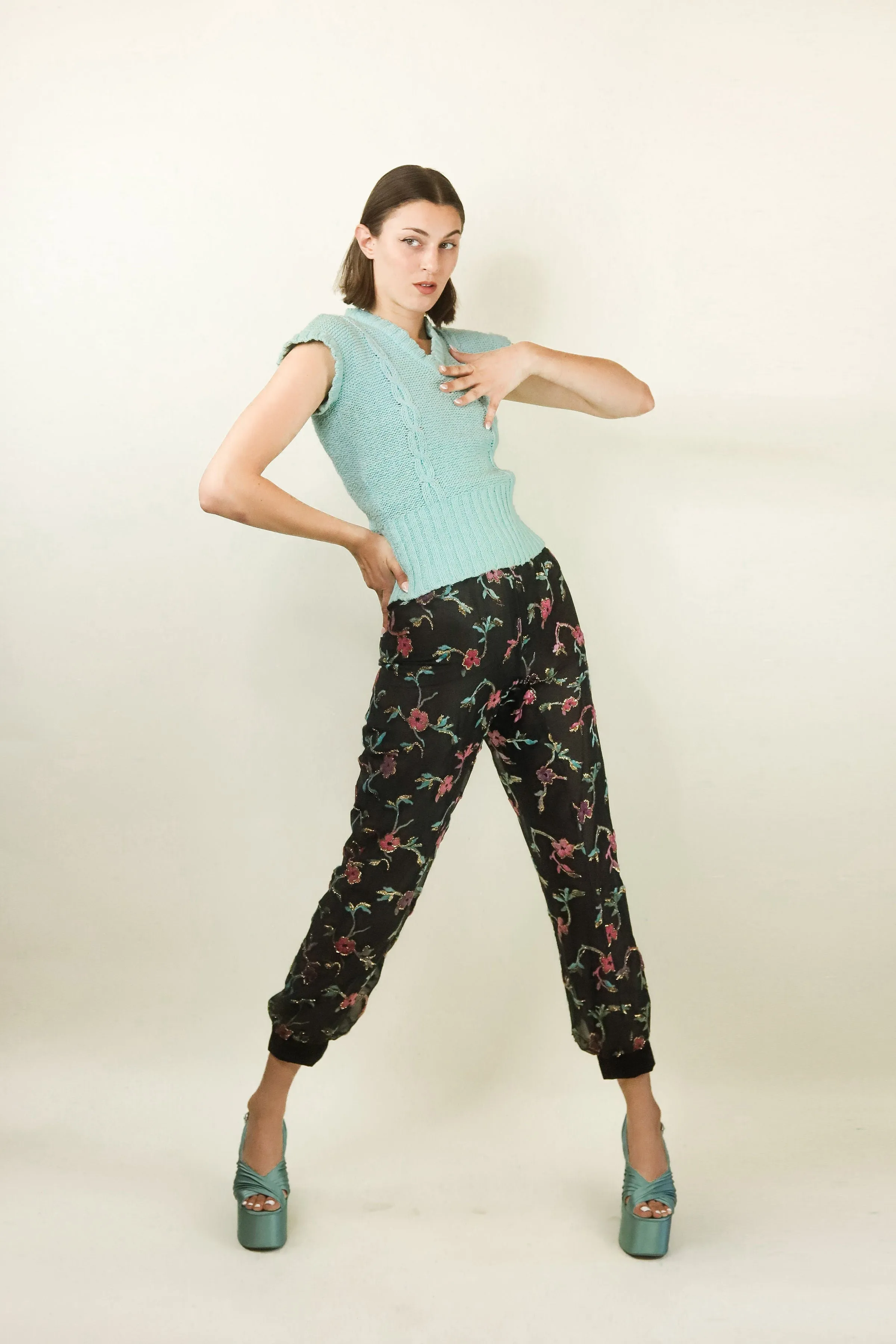 Courreges c. 1970's Sheer & Floral Applique Pants