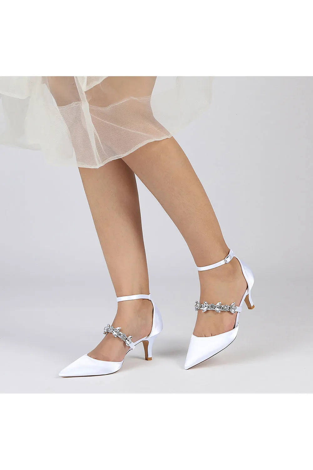 Crystal Strap Pointed Toe Satin Kitten Heels