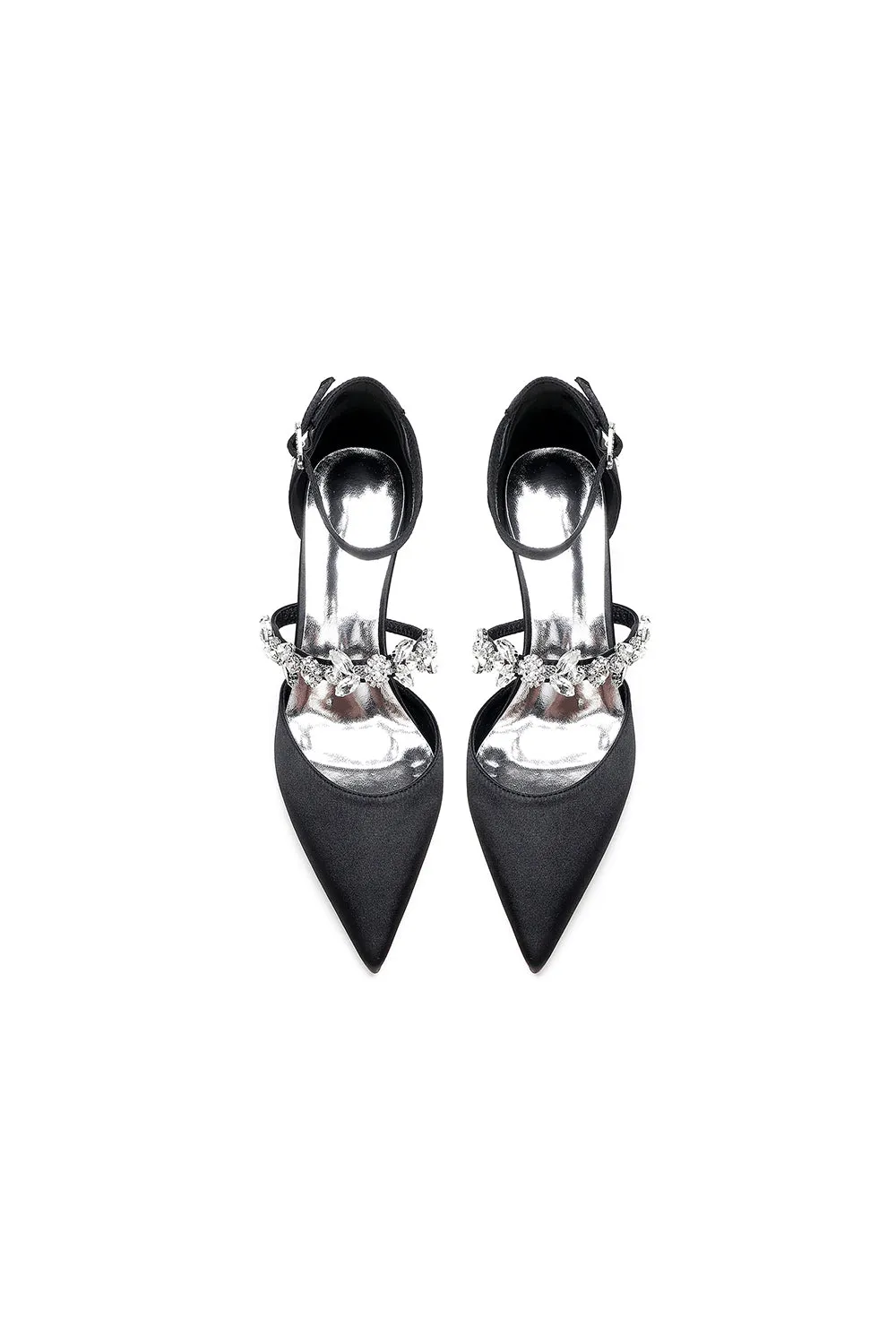 Crystal Strap Pointed Toe Satin Kitten Heels