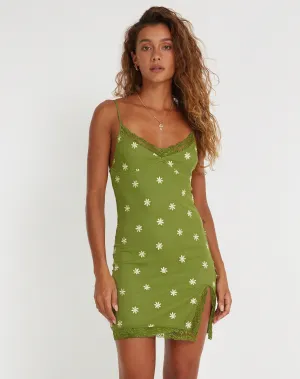 Daisy Mini Dress in Moss Green Custard Daisy Embro