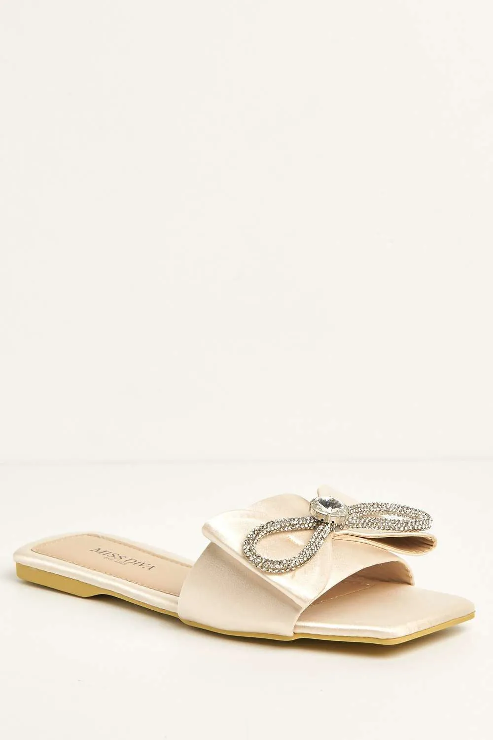 Darla Diamante Bow Square Toe Sliders in Champagne