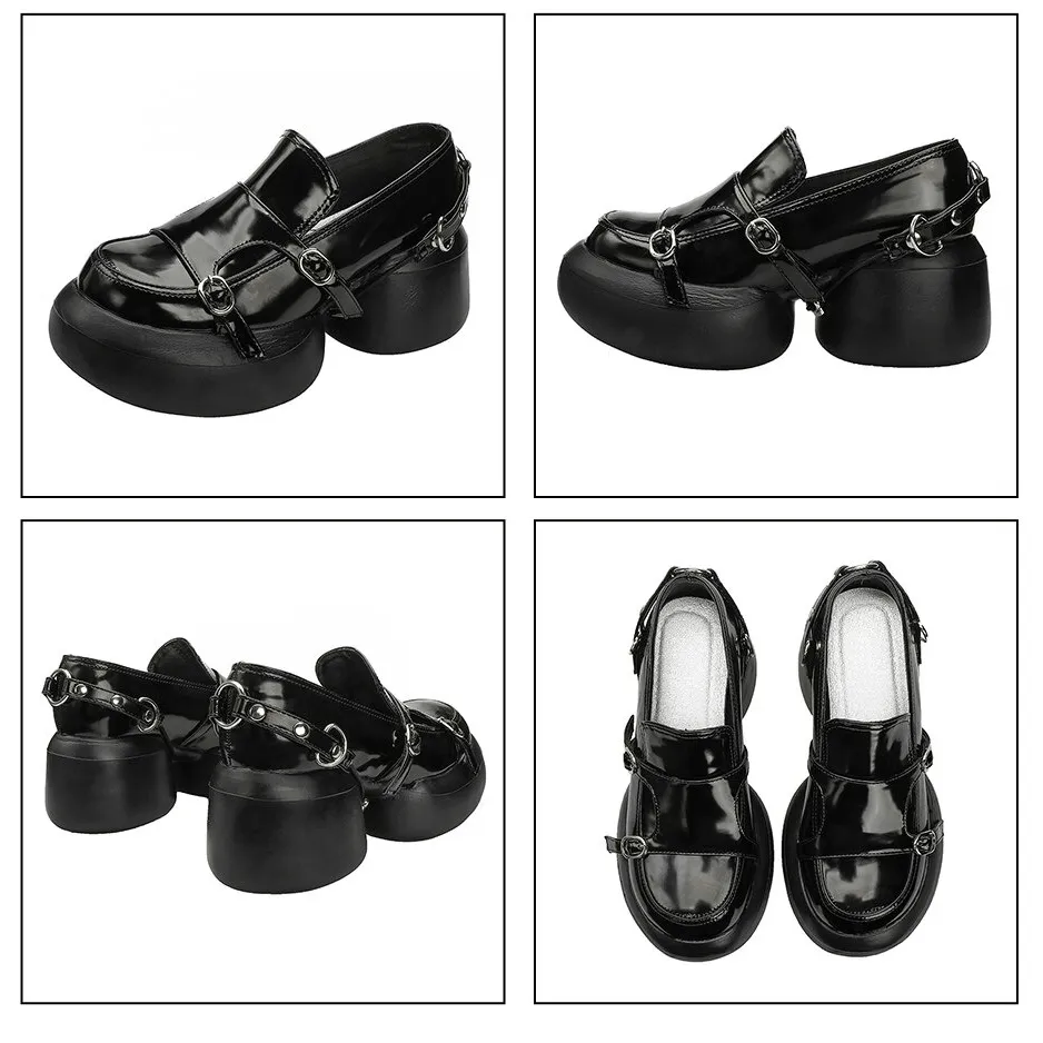 Designer Round Heels Black Loafers with Buckles / Patent Leather Shoes in Punk Style