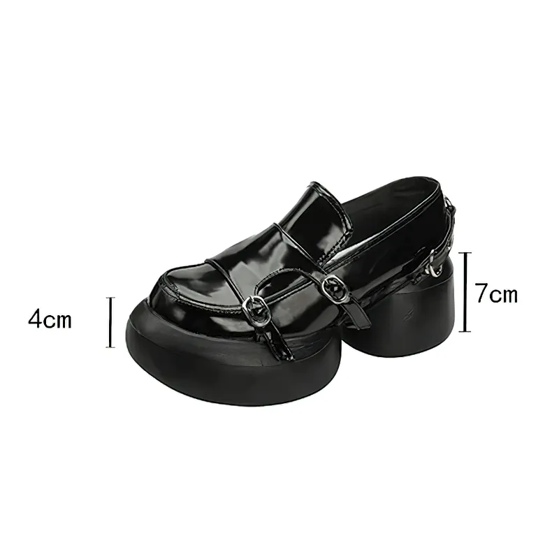 Designer Round Heels Black Loafers with Buckles / Patent Leather Shoes in Punk Style