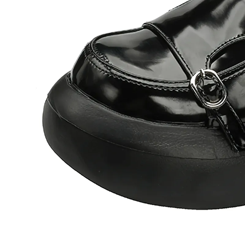 Designer Round Heels Black Loafers with Buckles / Patent Leather Shoes in Punk Style