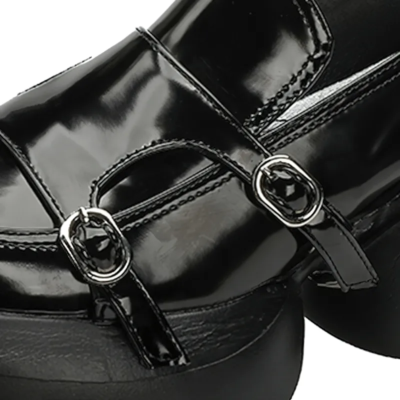 Designer Round Heels Black Loafers with Buckles / Patent Leather Shoes in Punk Style