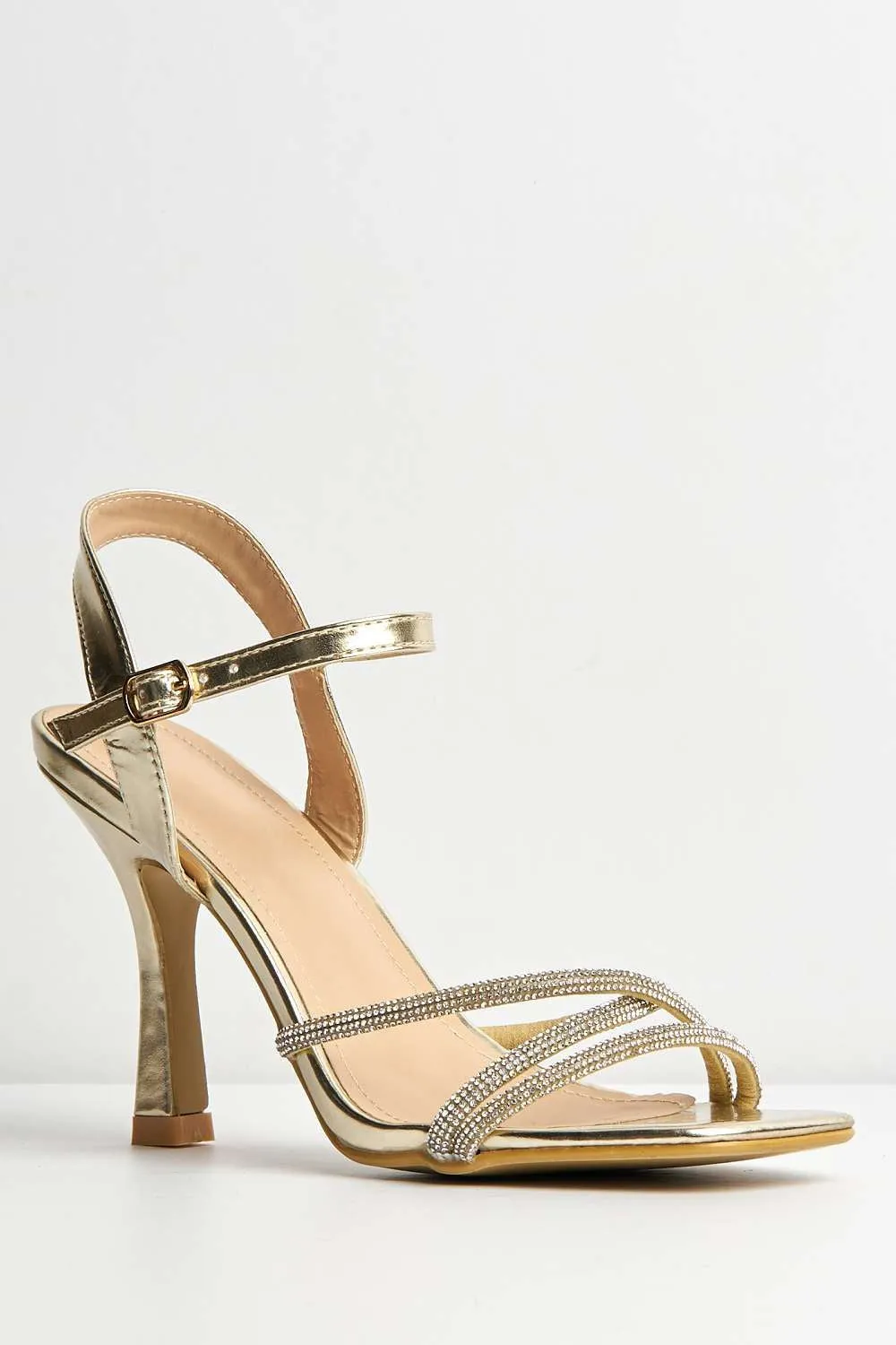 Donnie Diamante Embellished Ankle Strap Heeled Sandals in Gold