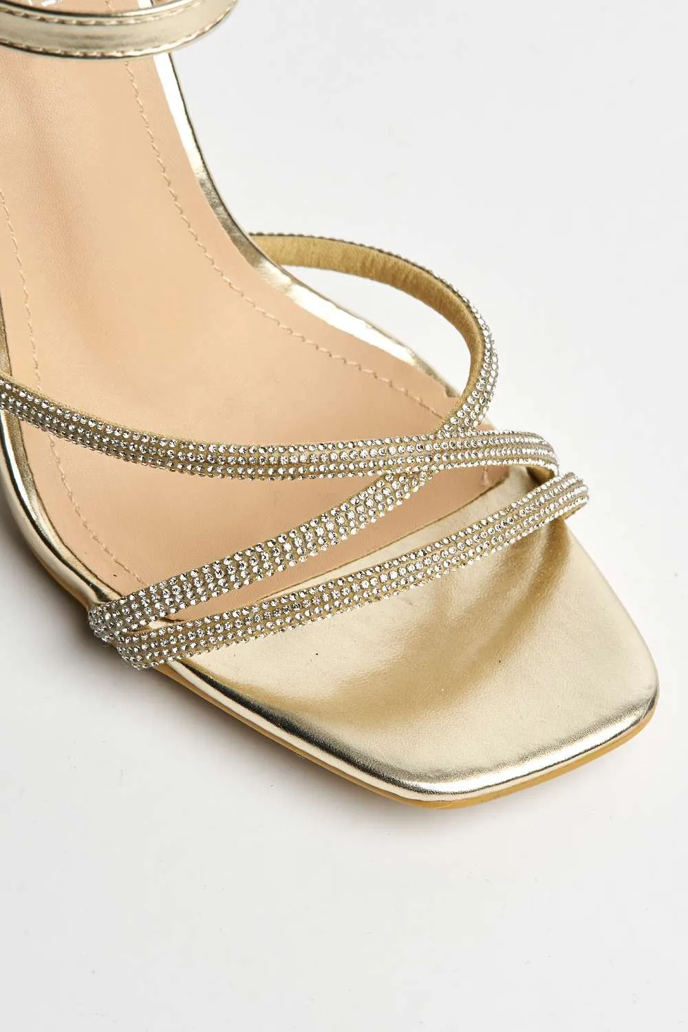 Donnie Diamante Embellished Ankle Strap Heeled Sandals in Gold