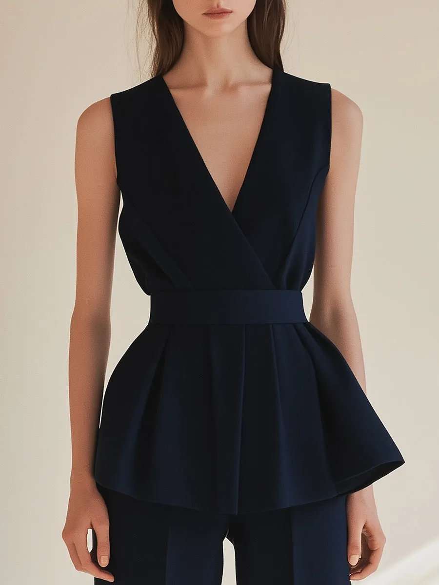 High-end Simple Navy Blue V-neck Sleeveless Set