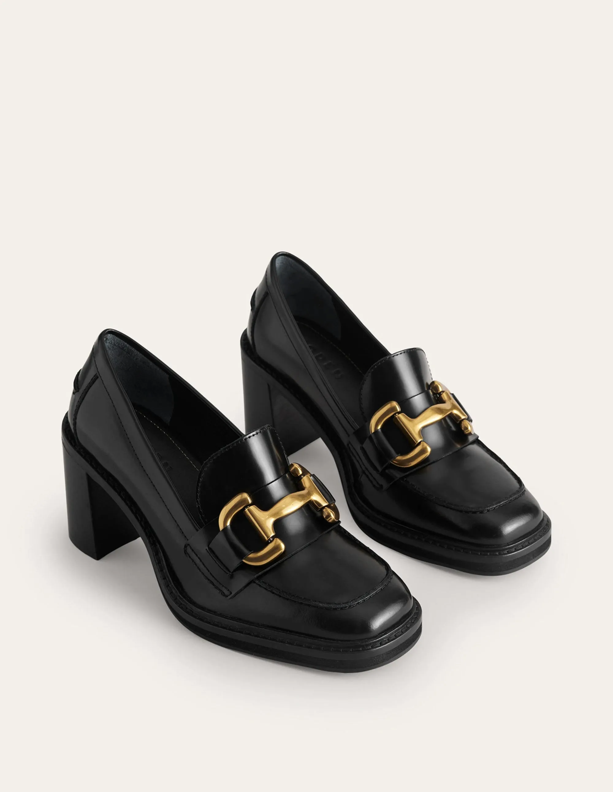 Iris Snaffle Heeled Loafers-Black Calf Leather