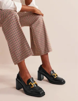 Iris Snaffle Heeled Loafers-Black Calf Leather