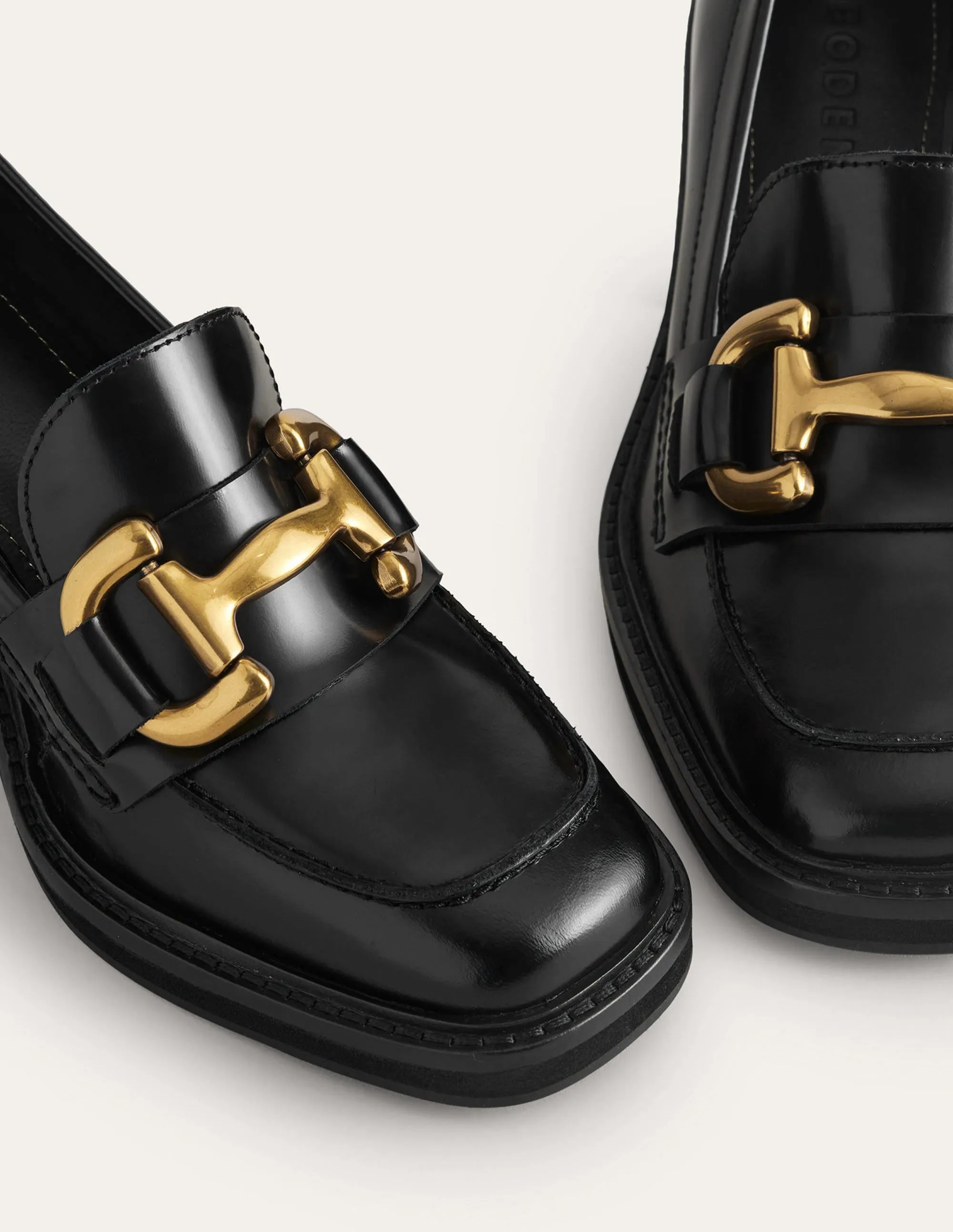 Iris Snaffle Heeled Loafers-Black Calf Leather