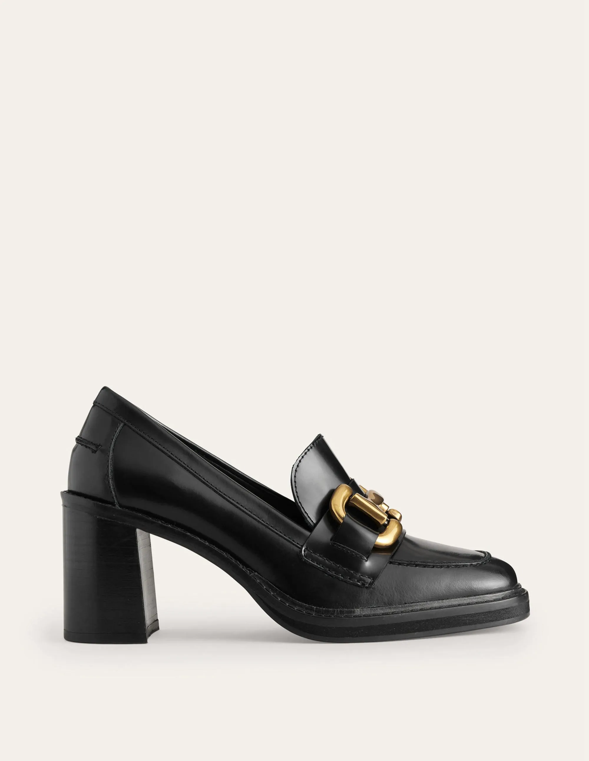 Iris Snaffle Heeled Loafers-Black Calf Leather