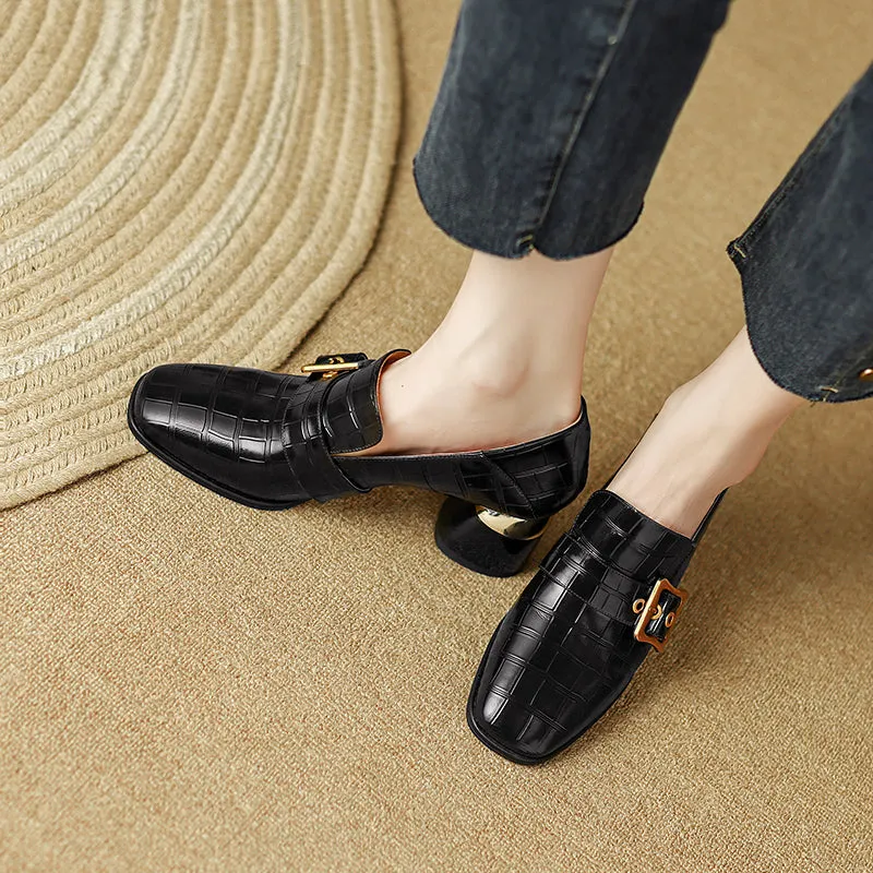 Israa Crocodile Mid Heel Loafers Black