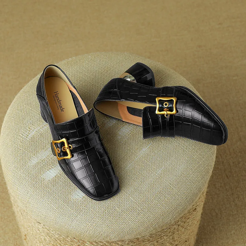 Israa Crocodile Mid Heel Loafers Black